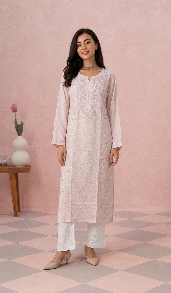 Peach Pink muslin kurti on the model, full length