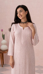 Peach Pink kurti upper body with the neckline chikankari