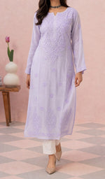 Lavender kurti from the front, styled with a white pant