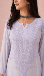 Lavender kurti, neckline and yoke embroidery up close