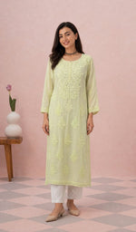 Pista Green viscose georgette kurti on the model, full length
