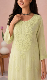Pista Green kurti upper body with the neckline chikankari