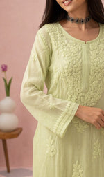 Pista Green kurti, sleeve and chikankari up close
