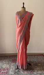 Load image into Gallery viewer, Coral pure tussar silk chikankari saree draped on the mannequin