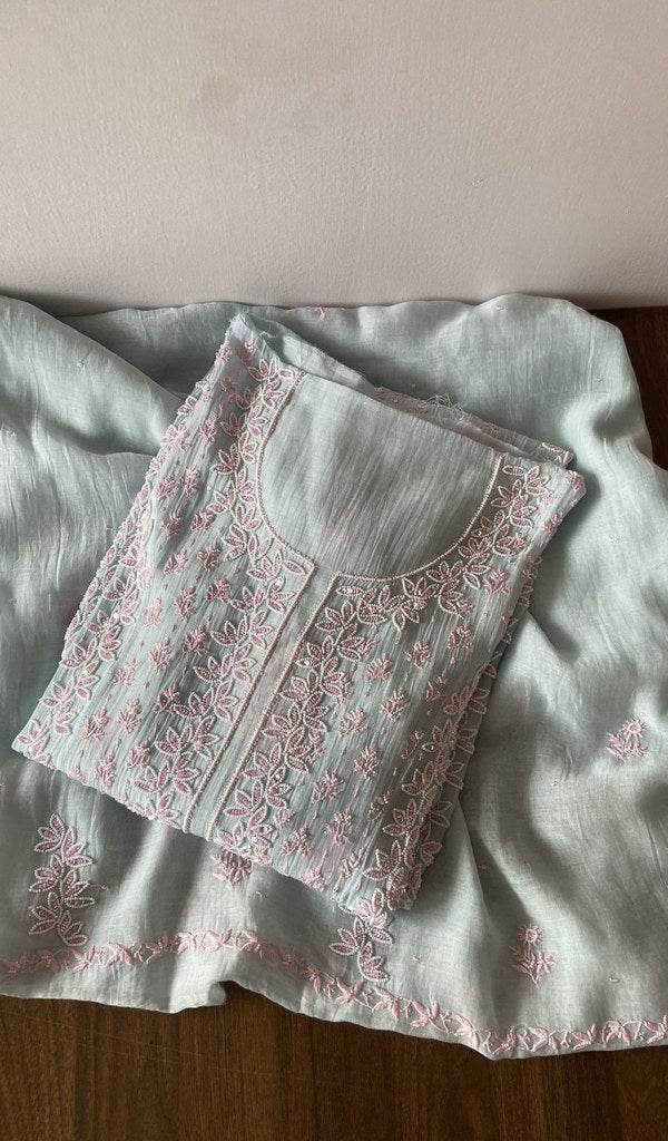 Saziya — Blue Pure Mul Chanderi Pink Thread Chikankari 2 Pc Semi-Stitched Suit Set