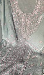 Sleeve work in pink thread on blue pure mul chanderi