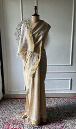 Load image into Gallery viewer, gold pure khadi silk chikankari saree draped on mannequin