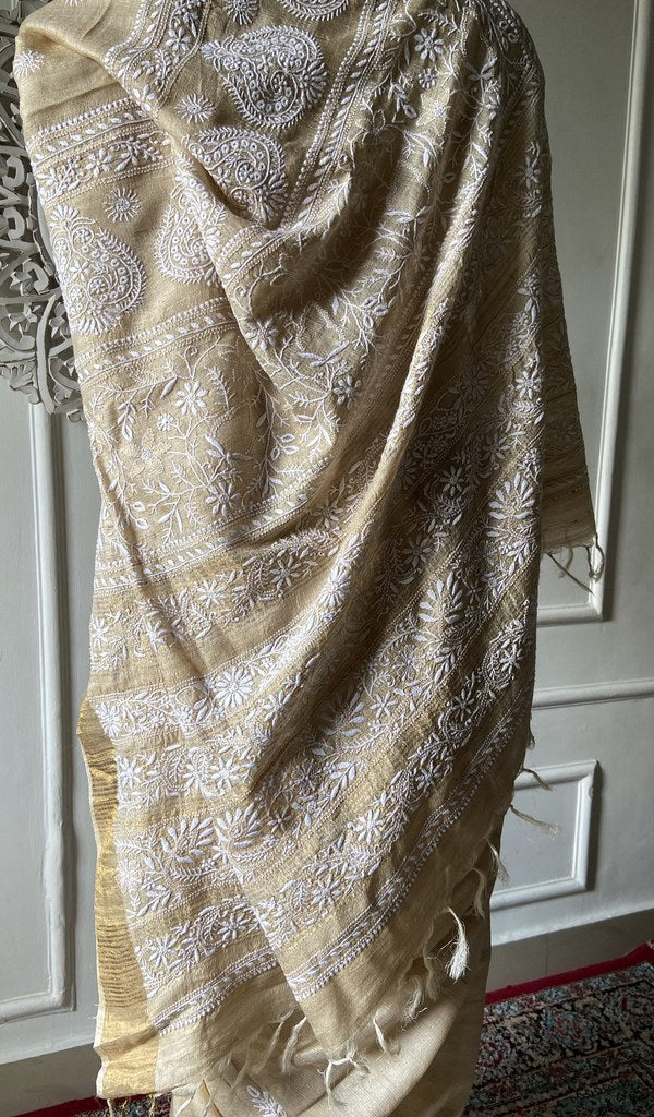 gold pure khadi silk saree seen from the back