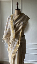 Load image into Gallery viewer, pallu of the gold pure khadi silk saree, do taar and teen taar chikankari with haath ki jaali