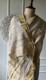 Load image into Gallery viewer, close view of the do taar and teen taar chikankari with haath ki jaali on gold pure khadi silk