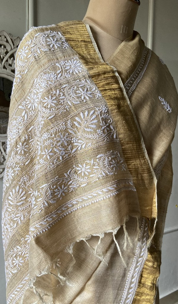 gold pure khadi silk saree seen from the back
