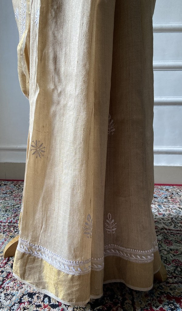 hand chikankari across the gold pure khadi silk saree body