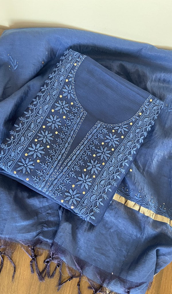Folded royal blue chanderi silk kurta, gala and neckline work