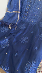 Royal blue chanderi silk kurta, close view of the embroidery