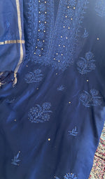 Fine chikankari on the royal blue chanderi silk