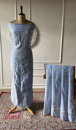 Load image into Gallery viewer, Steel blue pure maheshwari mul chanderi chikankari 3 pc unstitched suit set laid out
