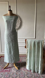 将图像加载到图库查看器中， Sage green pure maheshwari mul chanderi chikankari 3 pc unstitched suit set laid out