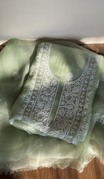 Folded sage green organza silk kurta, gala and neckline work