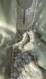 Sage green organza silk kurta, close view of the embroidery