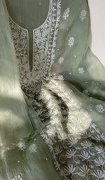 Hand embroidery on sage green organza silk