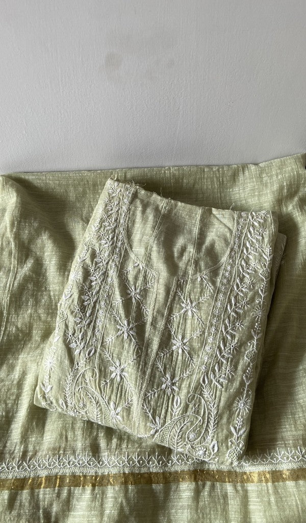 Green cotton kurta piece folded, fine front and back jaaldar chikankari anarkali