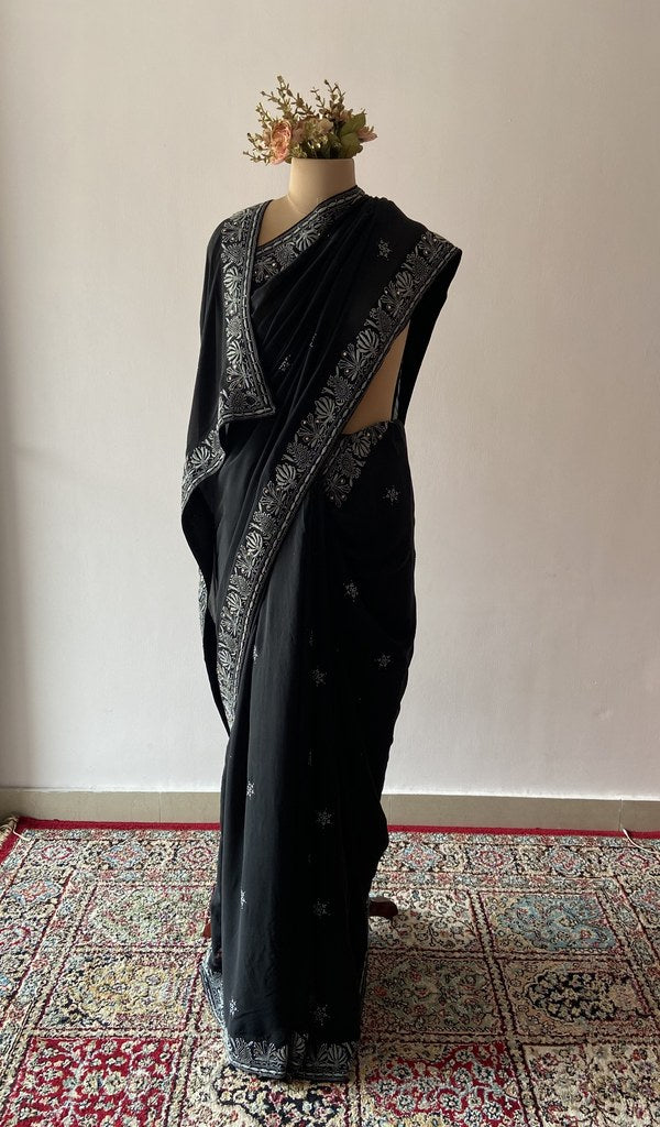 Black Pure Silk Georgette Chikankari Saree