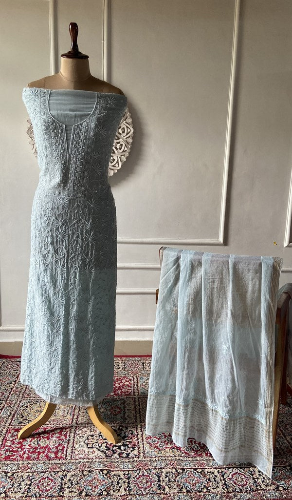Grey pure mul chanderi chikankari 3 pc unstitched suit set laid out