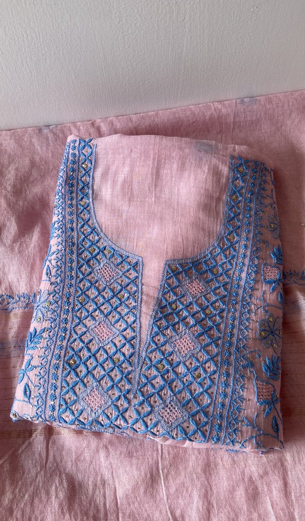 Pink pure mul chanderi kurta piece folded, do taar and teen taar jaaldar chikankari with haath ki jaali
