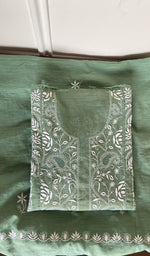 Folded sage green linen kurta, gala and neckline work