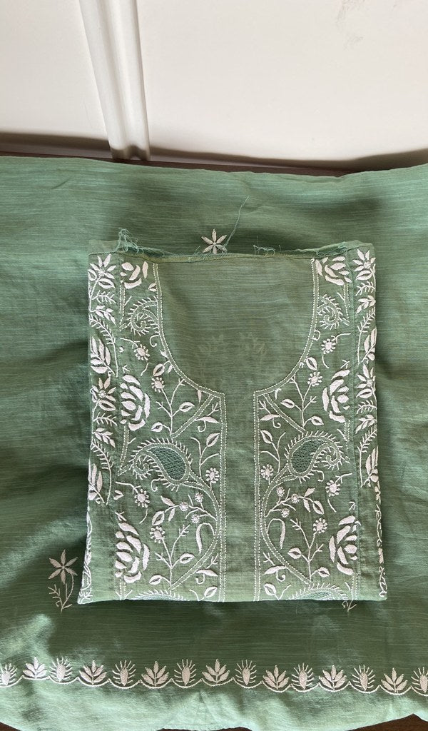 Folded sage green linen kurta, gala and neckline work