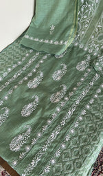 Sage green linen kurta, close view of the embroidery