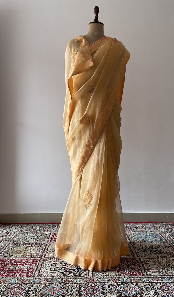 Orange pure organza silk saree draped on the mannequin