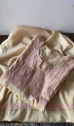 Cream pure mul chanderi kurta piece folded, fine chikankari with haath ki jaali on semi-stitched