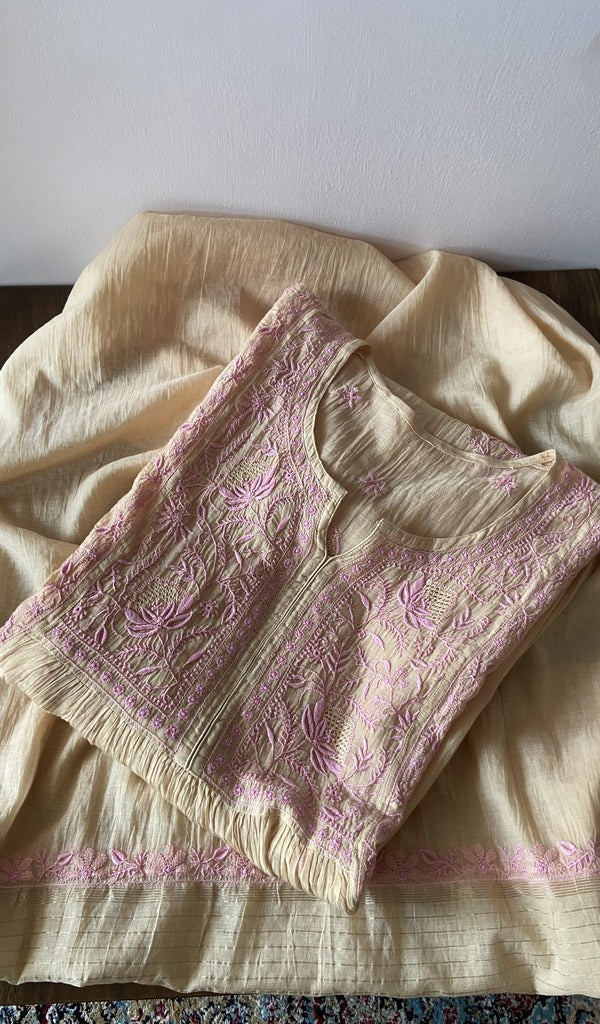 Cream pure mul chanderi kurta piece folded, fine chikankari with haath ki jaali on semi-stitched