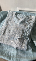 Haya p — Blue Pure Mul Chanderi Chikankari 3 Pc Semi-Stitched Angarkha Suit Set