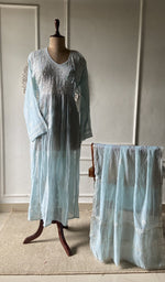 blue pure mul chanderi chikankari set on the mannequin with the dupatta