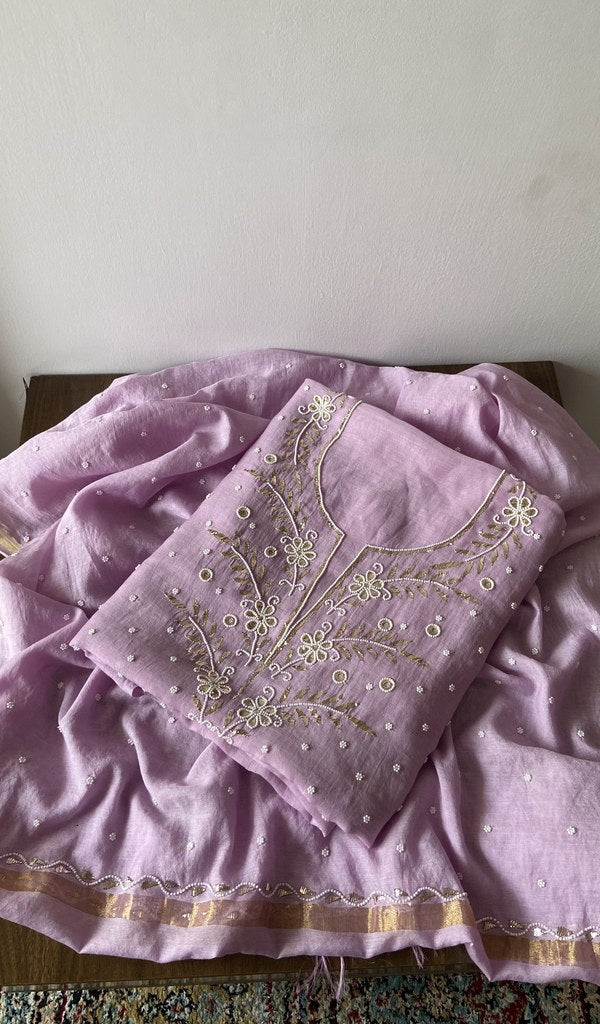 Purple pure mul chanderi kurta piece folded, badla work and beadwork