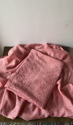Rust pure mul chanderi kurta piece folded, fine chikankari with zari patch work