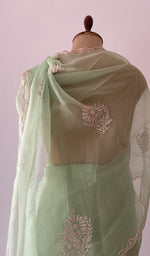 side view of the green pure organza silk saree