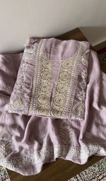 Purple pure mul chanderi kurta piece folded, do taar and teen taar chikankari with haath ki jaali