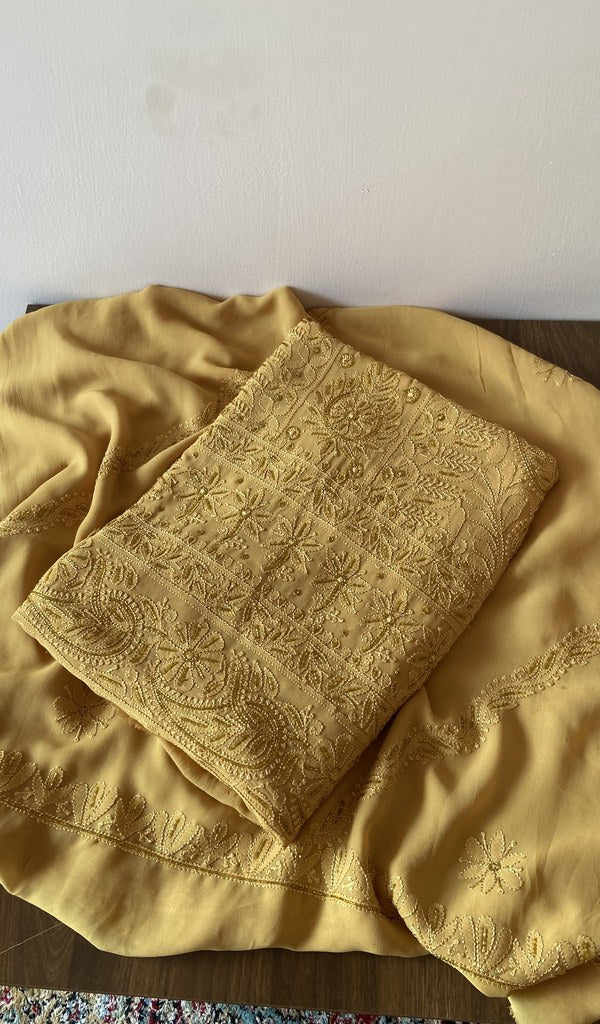 Yellow Viscose Georgette Chikankari 3 Pc Unstitched Suit Set