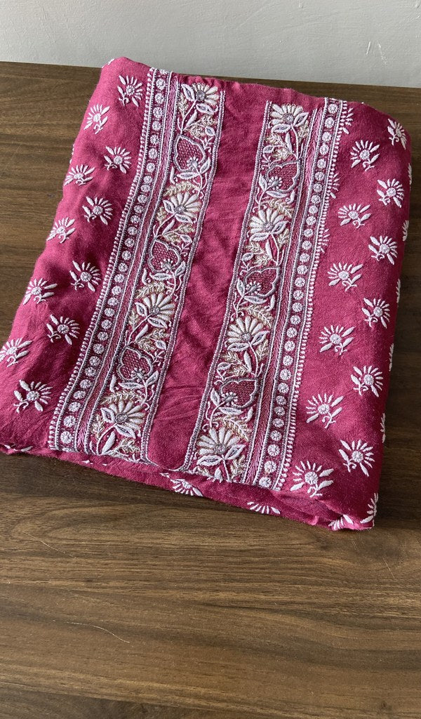 Folded magenta munga silk kurta, front view