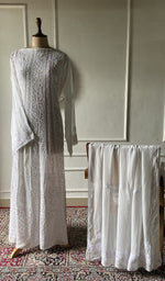 将图像加载到图库查看器中， white viscose georgette chikankari set on the mannequin, dupatta on the stand