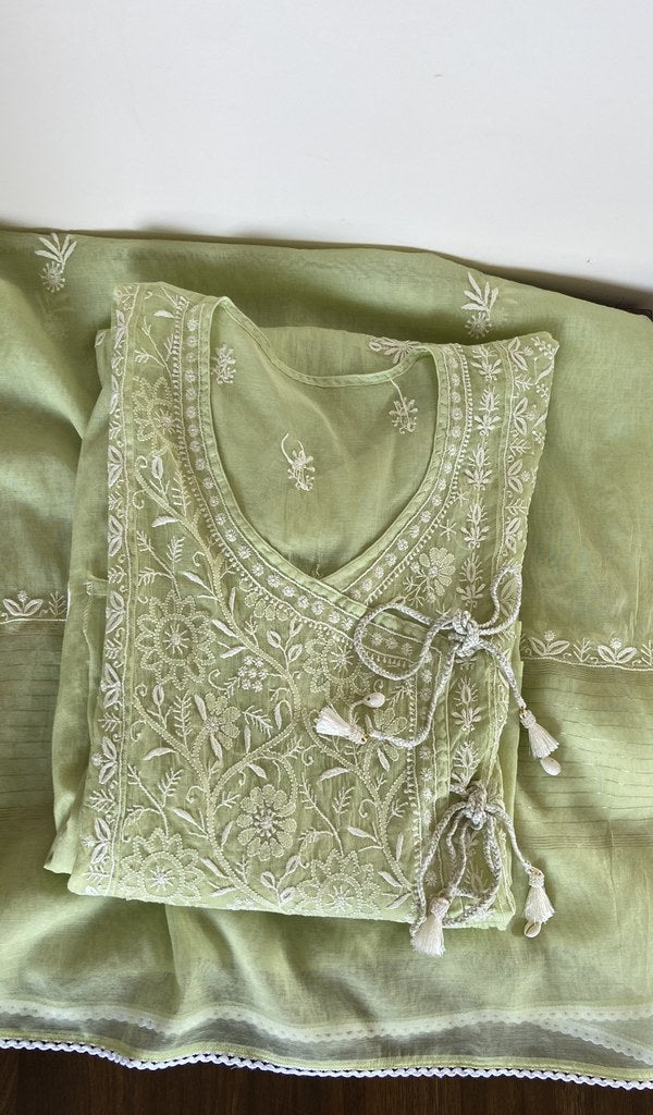 Mahveen M — Pista Green Pure Mul Chanderi Chikankari 2 Pc Semi-Stitched Suit Set