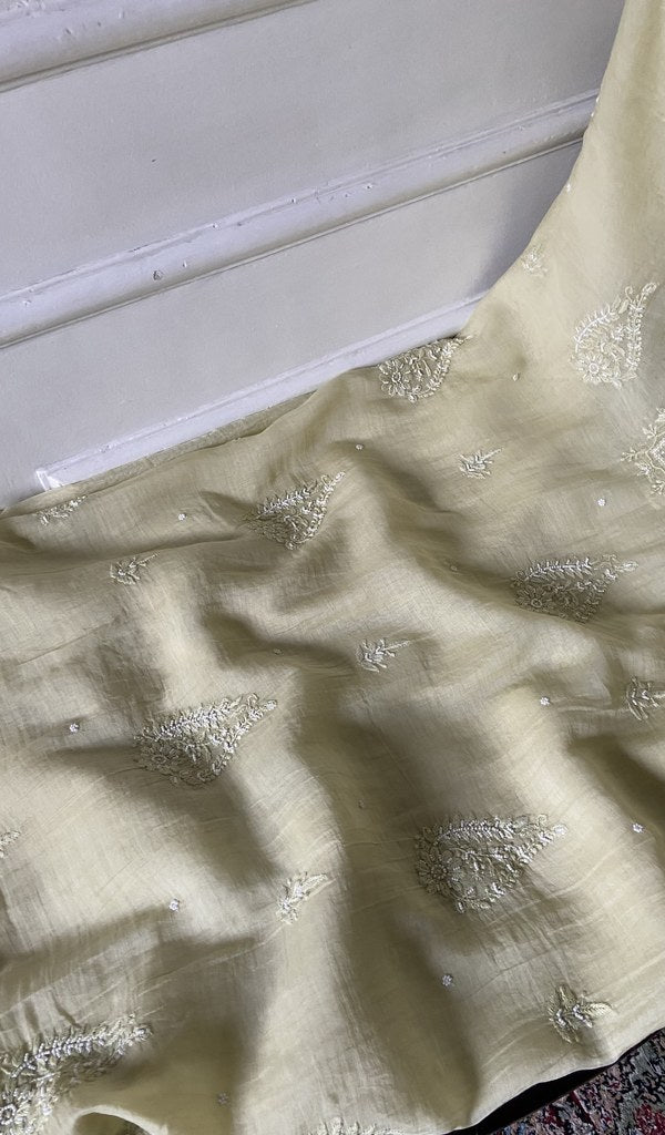 gala and front chikankari on pale yellow pure mul chanderi