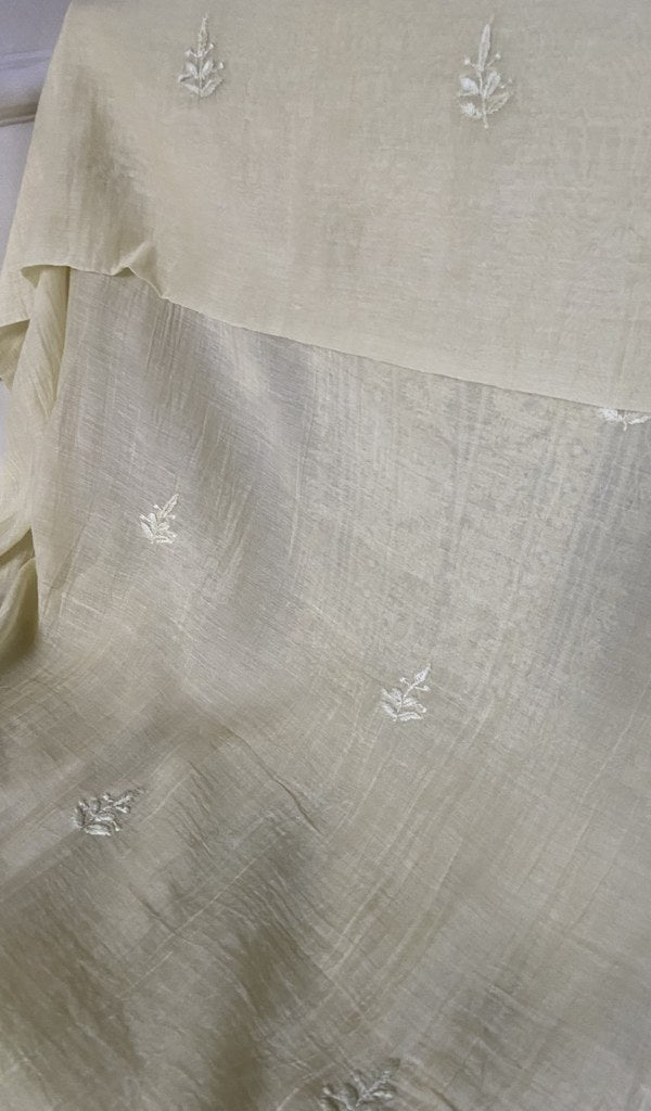 dupatta chikankari detail, pale yellow pure mul chanderi