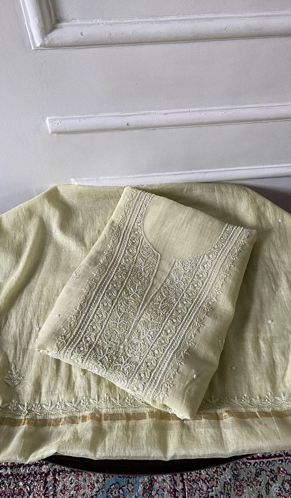 pale yellow pure mul chanderi chikankari 3 pc unstitched suit set, folded