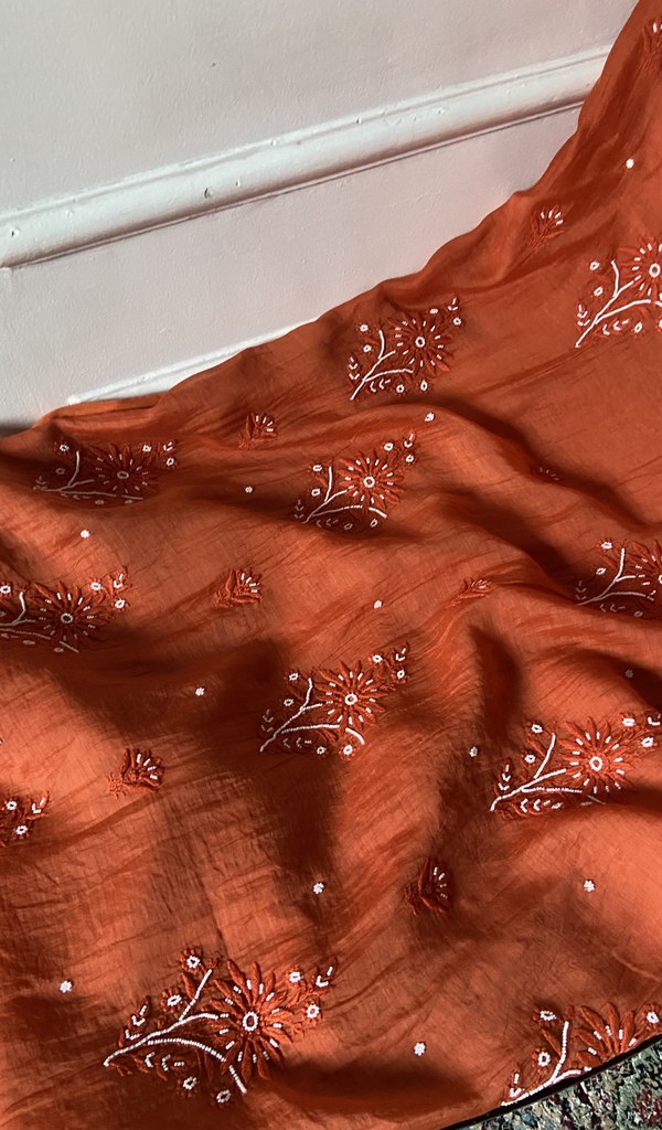gala and front chikankari on deep orange pure mul chanderi