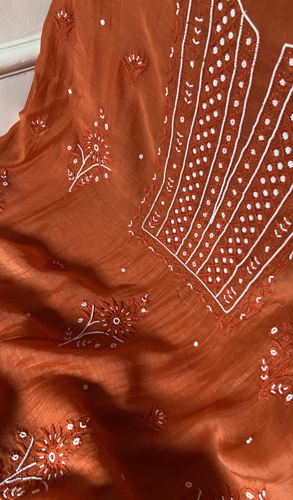 fine chikankari on deep orange pure mul chanderi