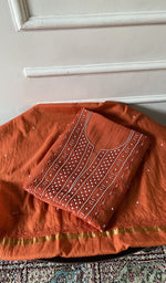 将图像加载到图库查看器中， deep orange pure mul chanderi chikankari 3 pc unstitched suit set, folded